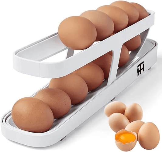 2-Tier Automatic Egg Organizer Rack – Rolling Double Layer Egg Storage Tray for Fridge & Kitchen