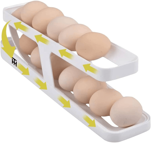 2-Tier Automatic Egg Organizer Rack – Rolling Double Layer Egg Storage Tray for Fridge & Kitchen