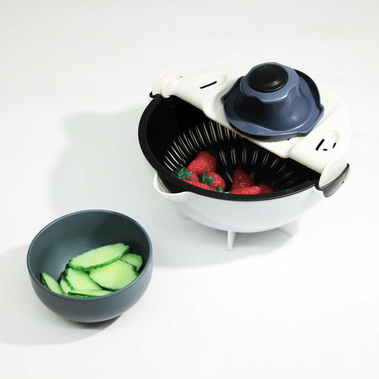 Multifunction Vegetable Cutter with Drain Basket – Interchangeable Blades & Built-In Strainer for Easy Food Prep