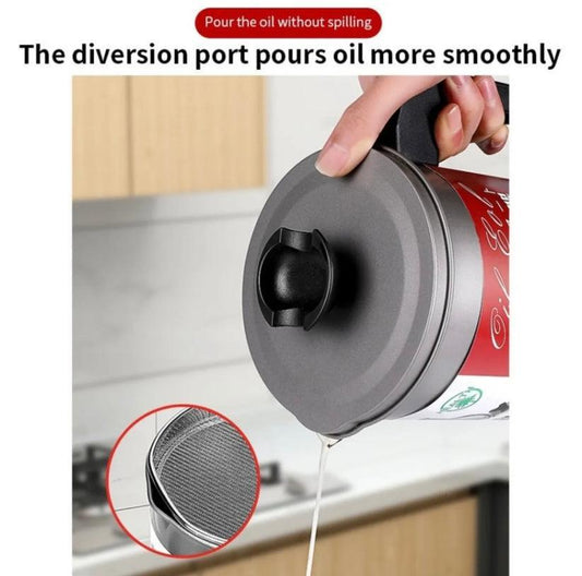 Stainless Steel Oil Filter Pot with Fine Mesh Strainer – Grease Storage Container for Cooking Oil – Dustproof Lid, Non-Slip Handle, and Drip-Free Spout – Durable Oil Storage Tank for Frying and Cooking