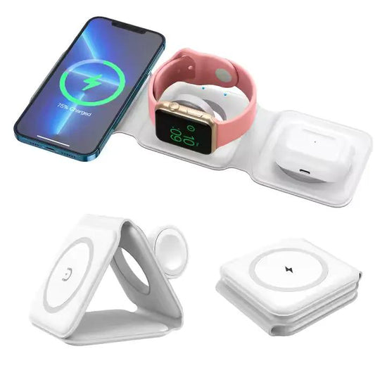 3-in-1 Foldable Magnetic Wireless Charger Station – 15W Fast Charging Dock for iPhone, Apple Watch & AirPods | Portable Multi-Device Charging Pad with Overheat & Overcharge Protection RebelRise Mart