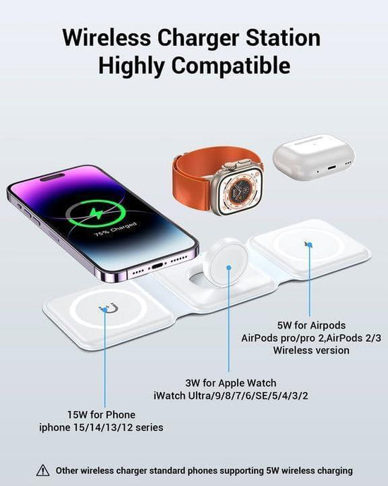 3-in-1 Foldable Magnetic Wireless Charger Station – 15W Fast Charging Dock for iPhone, Apple Watch & AirPods | Portable Multi-Device Charging Pad with Overheat & Overcharge Protection RebelRise Mart