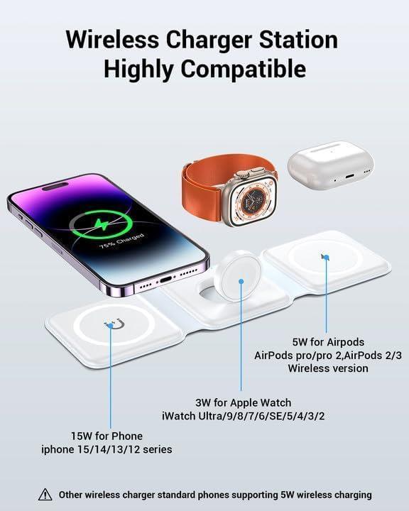 3-in-1 Foldable Magnetic Wireless Charger Station – 15W Fast Charging Dock for iPhone, Apple Watch & AirPods | Portable Multi-Device Charging Pad with Overheat & Overcharge Protection RebelRise Mart