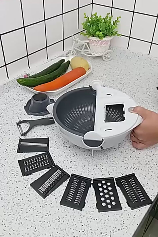 Multifunction Vegetable Cutter with Drain Basket – Interchangeable Blades & Built-In Strainer for Easy Food Prep
