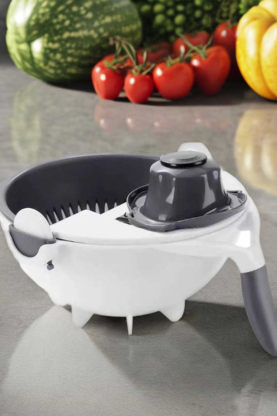 Multifunction Vegetable Cutter with Drain Basket – Interchangeable Blades & Built-In Strainer for Easy Food Prep
