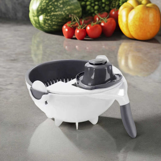 Multifunction Vegetable Cutter with Drain Basket – Interchangeable Blades & Built-In Strainer for Easy Food Prep
