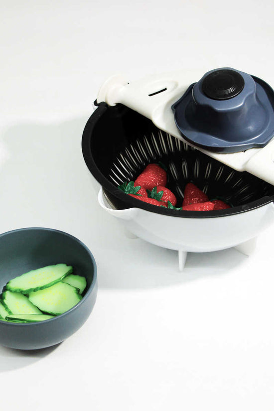 Multifunction Vegetable Cutter with Drain Basket – Interchangeable Blades & Built-In Strainer for Easy Food Prep