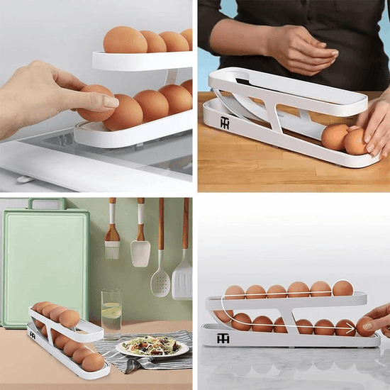 2-Tier Automatic Egg Organizer Rack – Rolling Double Layer Egg Storage Tray for Fridge & Kitchen