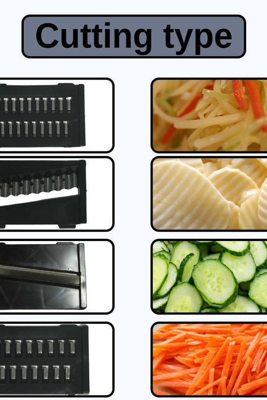 Multifunction Vegetable Cutter with Drain Basket – Interchangeable Blades & Built-In Strainer for Easy Food Prep