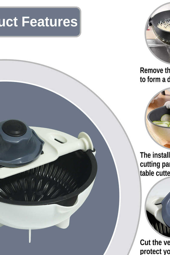Multifunction Vegetable Cutter with Drain Basket – Interchangeable Blades & Built-In Strainer for Easy Food Prep