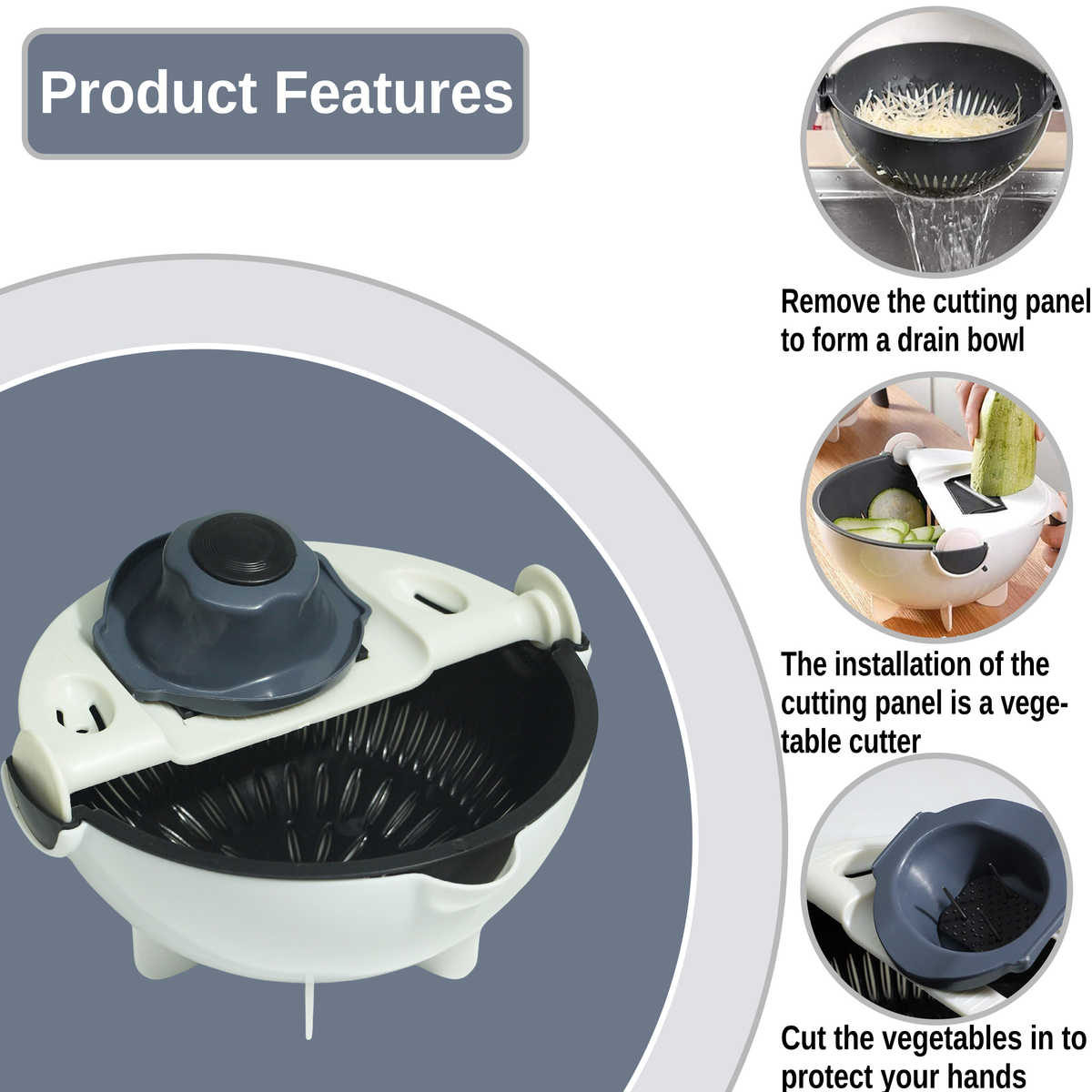 Multifunction Vegetable Cutter with Drain Basket – Interchangeable Blades & Built-In Strainer for Easy Food Prep
