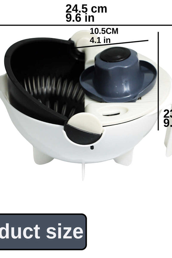 Multifunction Vegetable Cutter with Drain Basket – Interchangeable Blades & Built-In Strainer for Easy Food Prep