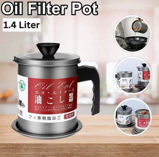 Stainless Steel Oil Filter Pot with Fine Mesh Strainer – Grease Storage Container for Cooking Oil – Dustproof Lid, Non-Slip Handle, and Drip-Free Spout – Durable Oil Storage Tank for Frying and Cooking